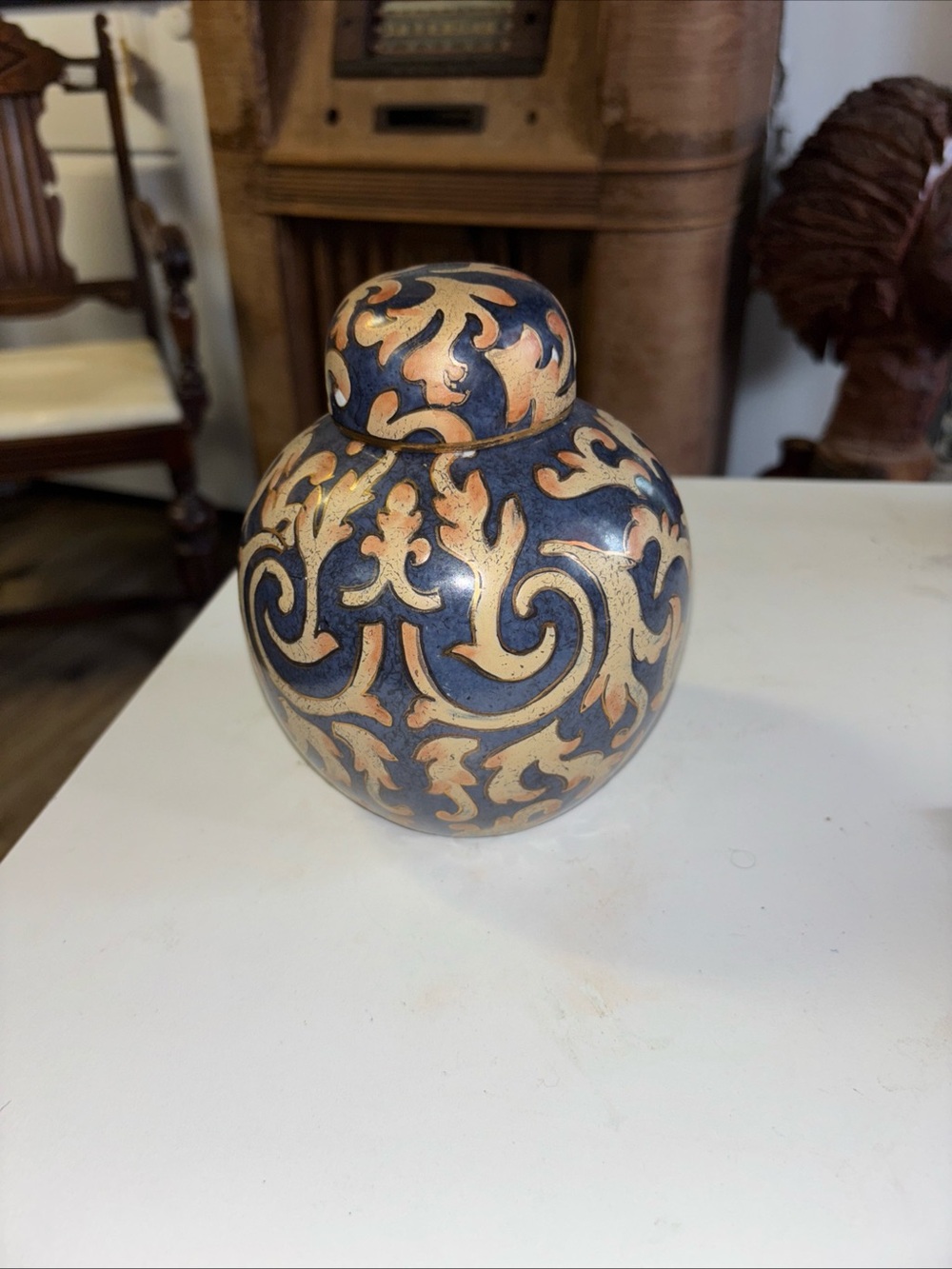 Decorative Navy and Gold Ceramic Ginger Jar - Home Art